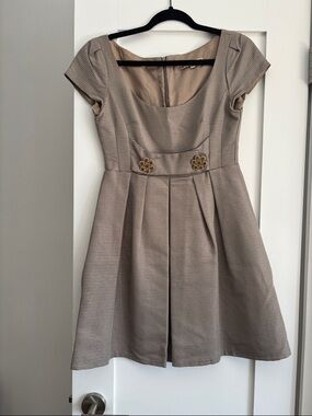 Nanette Lepore Taupe Striped Fit-and-Flare Dress with Gold Accents